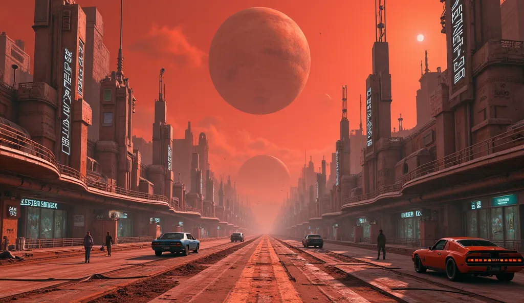 A futuristic Martian city under an artificial dome, perfectly intact yet completely abandoned. The streets are pristine, with vehicles parked mid-motion, shop screens still glowing, and maintenance drones patrolling with no purpose. Strange messages, writt...