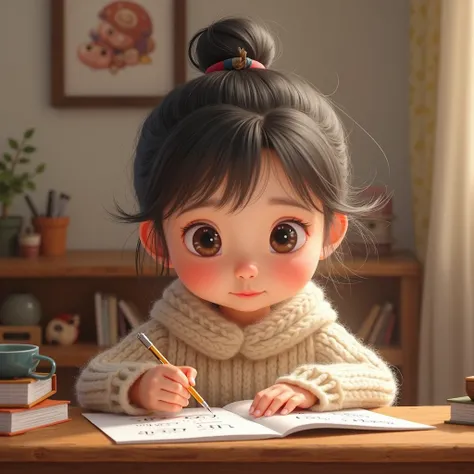 一个真实的三岁的中国女孩，sitting on a chair，Holding a pen，desk，Operation，textbook，The back is a wall，with a cute picture on the wall， in a sweater，A real three-year-old Chinese girl with a ball of hair tied up