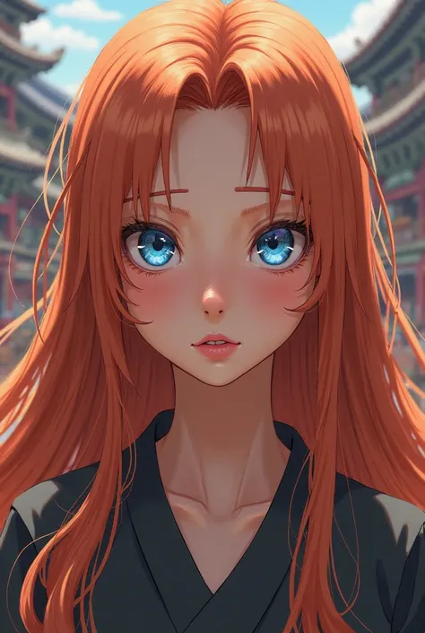 A girl with long copper hair, blue eyes and full pink lips. In Naruto shipuden anime style 