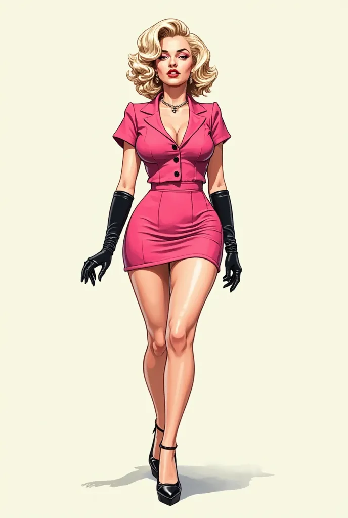 A manga-style drawing of a plump, luxurious Marilyn Monroe hair-styled woman walking in a pink short-sleeved suit and very short miniskirt, wearing black high heels and long gloves that reach down to her shoulders.