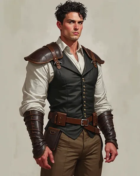 , a half-tall man with pinkish skin, skinny with a plump nose, Dark,  curly short hair , ears apart, wears a white, blouse over which a black vest, brown pants and leather armor on his shoulders and wrists