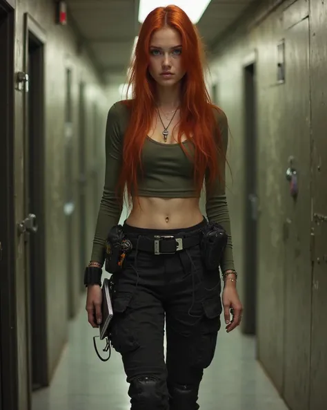 Pretty red-haired girl with green eyes. hourglass body, curvilinear and flat abdomen. She has long straight hair. has a septum in his nose. He's wearing black military-style cargo pants, black boots and a top over the navel. He has a tablet in his hands, a...