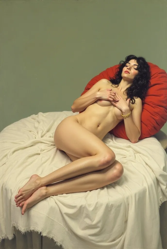 The image is a painting of a naked woman lying on a white fluffy blanket. The woman is lying on her back with her legs wide apart and her hands on her chest. She has long dark hair styled in loose curls and a bracelet on her left wrist. Her body is slightl...