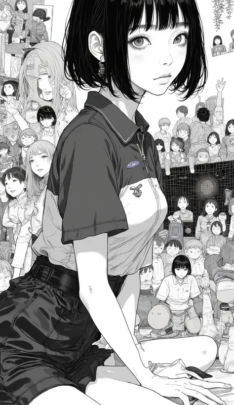 Japanese Manga Collage、Taiyo Matsumoto 、 manga frame split、 comic cover、short hair、High School Girl Table Tennis Manga、 table tennis uniform that swings big、black hair shortcut、full bangs、 Bold Composition 、black and white、 screen tones 、