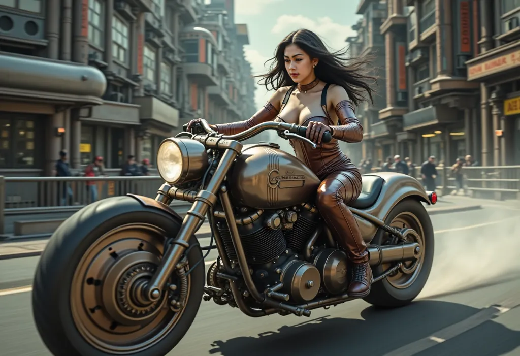 A sleek, a busty plump muscle korean hijab muslimah woman riding futuristic motorcycle depicted in a Dieselpunk Dynamo style, blending Art Deco design with industrial machinery and a gritty, post-apocalyptic aesthetic. Fast motion riding. Use a color palet...