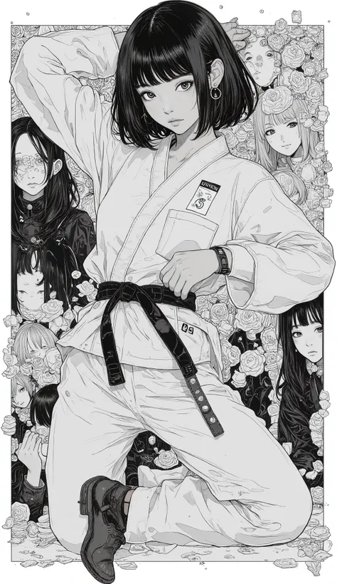 Japanese Manga Collage、Taiyo Matsumoto 、 manga frame split、 comic cover、short hair、High school girl fighting manga、 karate uniform、black hair shortcut、full bangs、 Bold Composition 、black and white、 screen tones 、