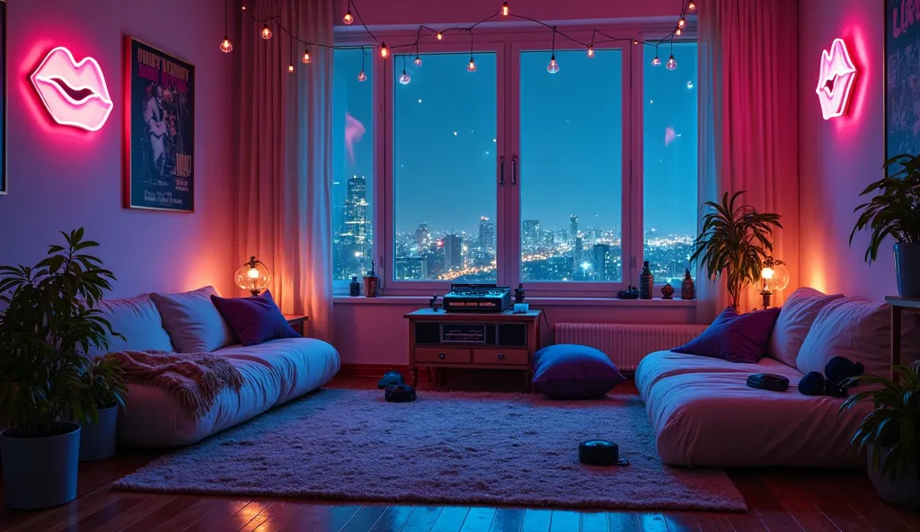 Moody night bedroom scene with large window, aspect ratio 16:9. Blue and purple neon lighting illuminating a cozy space. Empty comfortable floor cushions and blankets arranged in a relaxing lounge area, suggesting someone just stepped away. Retro aesthetic...