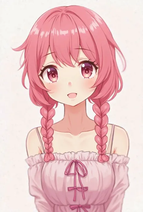  cute woman,Yumekawa Illustrations, smiling face, no background,Dress with a ribbon on it,Red, pink, and purple are the base,mature,pink hair, hairstyles are braids