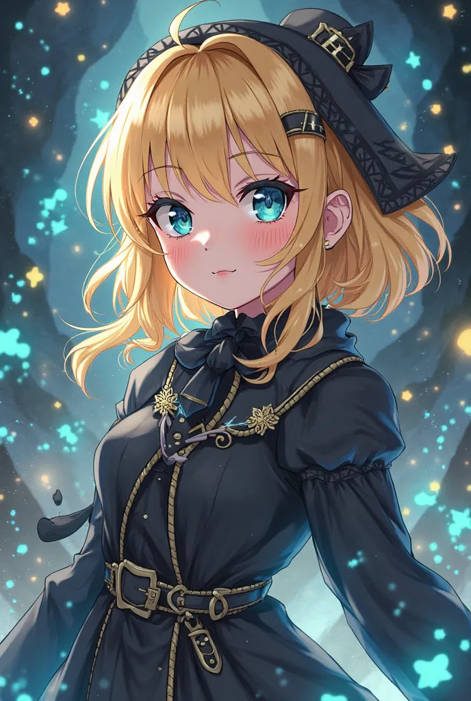 design me an anime girl with sly and playful mage. her hair is blond with black roots