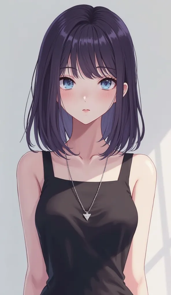 A 23-year-old woman in anime style, 170 cm tall with icy blue eyes and dark violet shoulder-length straight hair. She has a slender, elegant build with delicate features: high cheekbones, a small, straight nose, and thin lips. Her skin is pale and flawless...