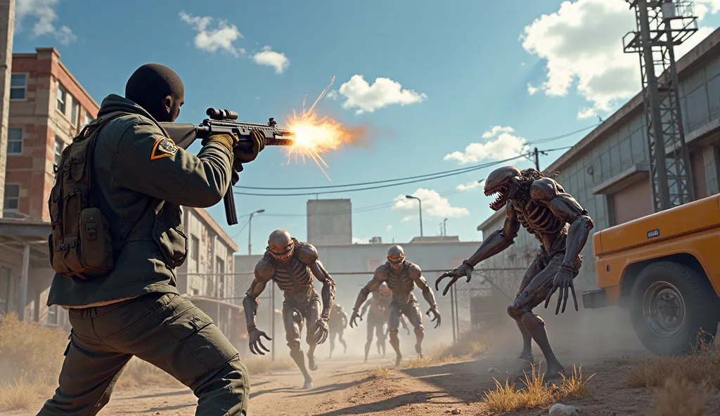 A first-person shooter game scene where the player is engaged in an intense battle against biomechanical creatures. The player holds a modern assault rifle, firing at one of the approaching creatures, with muzzle flash and sparks flying. The creatures have...