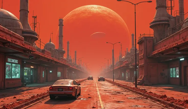 A futuristic Martian city under an artificial dome, perfectly intact yet completely abandoned. The streets are pristine, with vehicles parked mid-motion, shop screens still glowing, and maintenance drones patrolling with no purpose. Strange messages, writt...