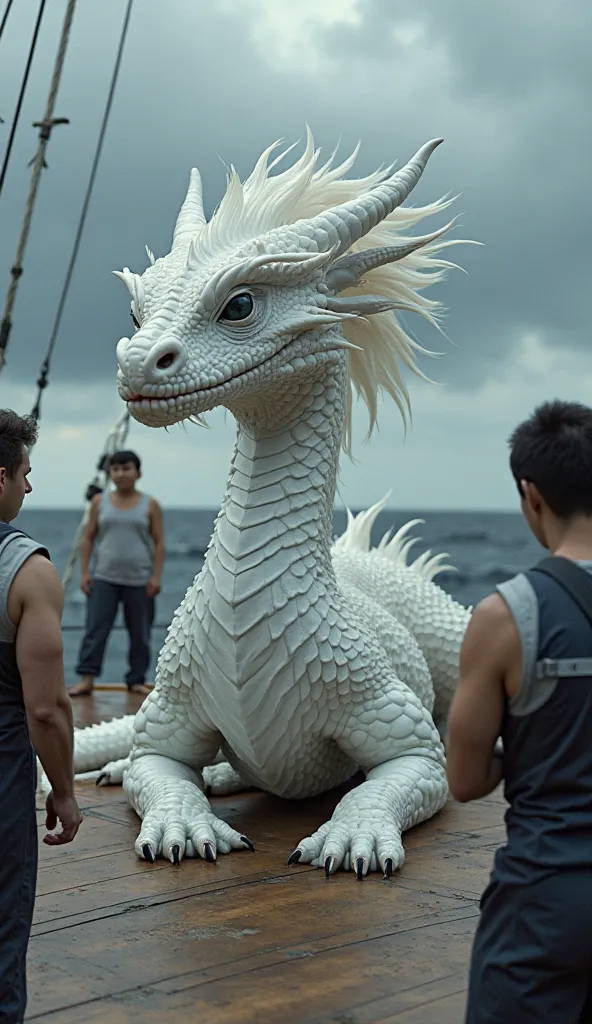 INCITE:
"A majestic white creepy dragon with shimmering scales and a flowing white mane rests calmly on the deck of a boat in the middle of the ocean, surrounded by humans interacting with it from . The dragon has expressive eyes and a serene posture, its ...