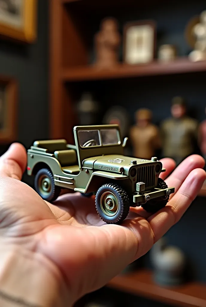 A hand holds a model of a 1940 Ziti Jeep