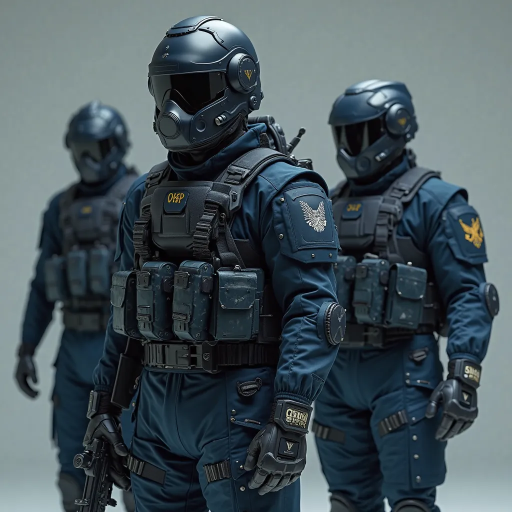 Futuristic senior officers in dark blue ballistic armor and light exoskeleton (with light scuffs and scratches), tactical helmet with gas mask and unobtrusive military hawk logo, Conceptual Style (concept art), semi-profile, cinematic lighting, 8k, hyper-r...