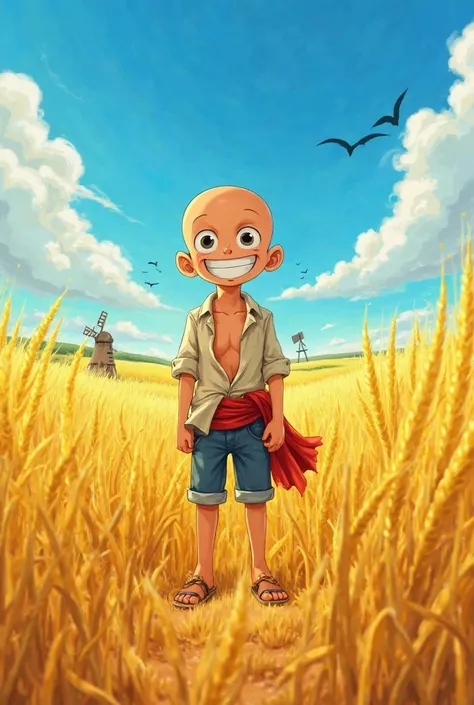 {
  "prompt": "A  bald boy with a mischievous grin, drawn in the lively and exaggerated anime style of 'One Piece'. He has large, expressive eyes full of curiosity and adventure. His eyebrows are thick, giving him a bold and playful look. He wears a loose,...