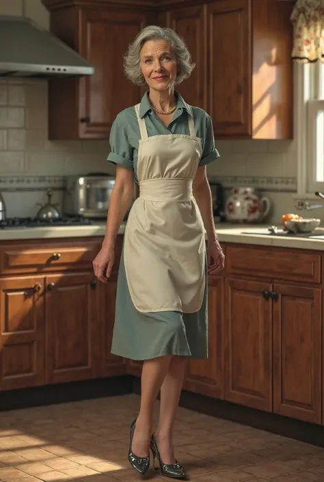 Elderly housewife in the kitchen with short skirt,  pantyhose, apron and heels