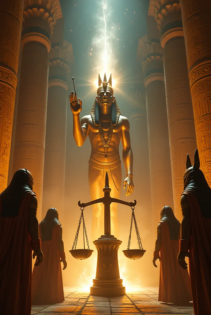 It generates an impressive image and Realistic of the most important moment of the trip in the Duat: the 'Judgment of Osiris'. The scene must show the soul of a deceased Egyptian kneeling before Osiris, the god of the underworld, surrounded by the 42 minor...