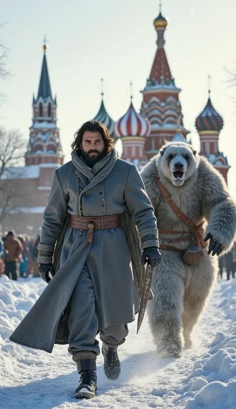 "Imran Khan, wrapped in a long grey coat over his shalwar kameez, strides through a snow-covered Red Square in Moscow. His breath fogs in the freezing air, while a mighty Humanoid Polar Bear warrior, clad in fur-lined armor and gripping a massive battle ax...