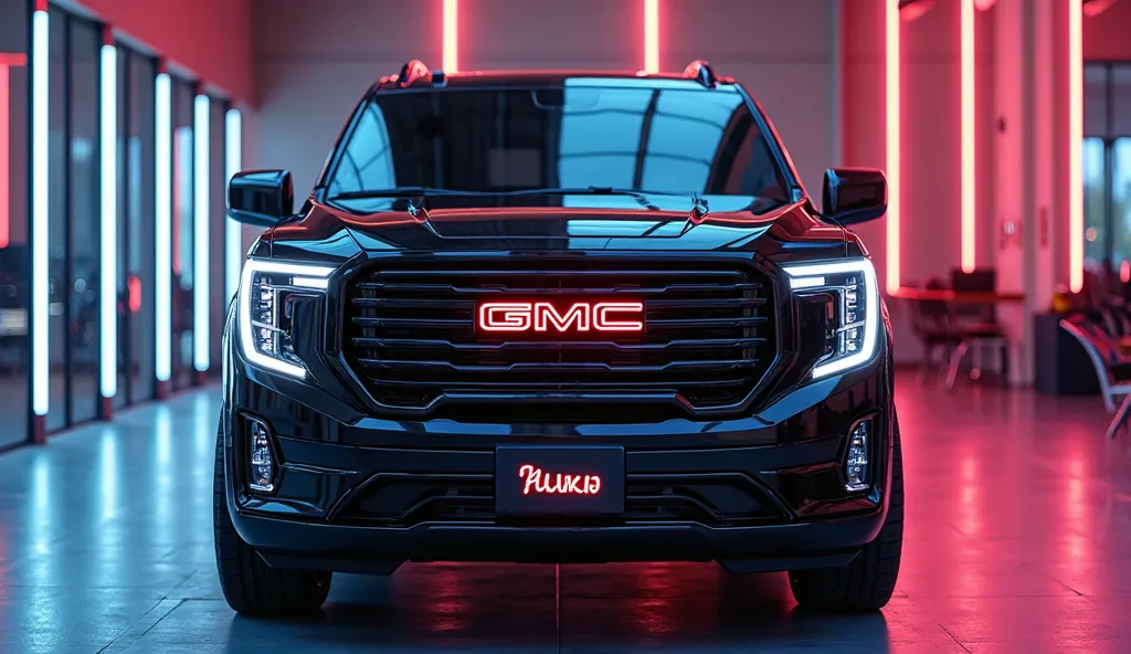 GIVE REAR FRONT VIEW sleek, futuristic The New GMC Yukon ! is positioned indoors with soft,SHINY PAINTED BLACK COLOR EXTERIOR natural lighting. The REAR front view highlights its aggressive, MODREN design with sharp, AGRESSIVE lines. The 2025 VEHICLE has n...