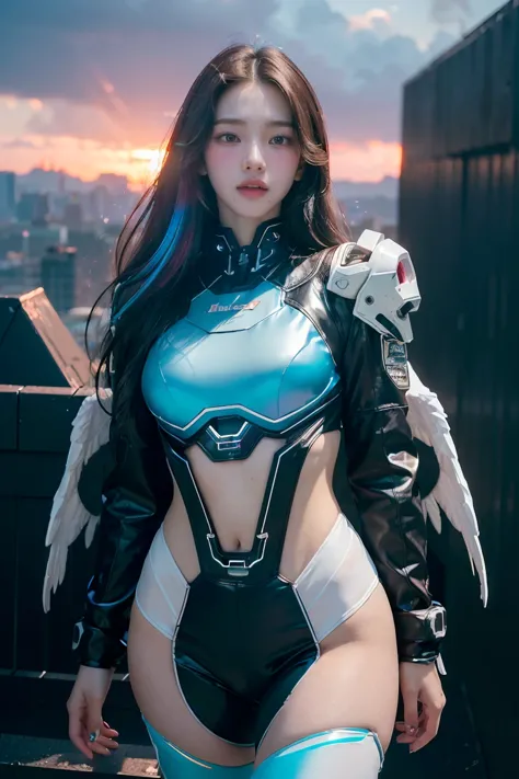 ((masterpiece, best quality, extremely detailed), volumetric lighting, ambient occlusion, colorful, glowing), 
1girl, solo, young girl, (dark hair), long hair, halo, aura, sacred, godness, cyber suit, (random-colored outfit:1.3), android, bot, cybernetic w...