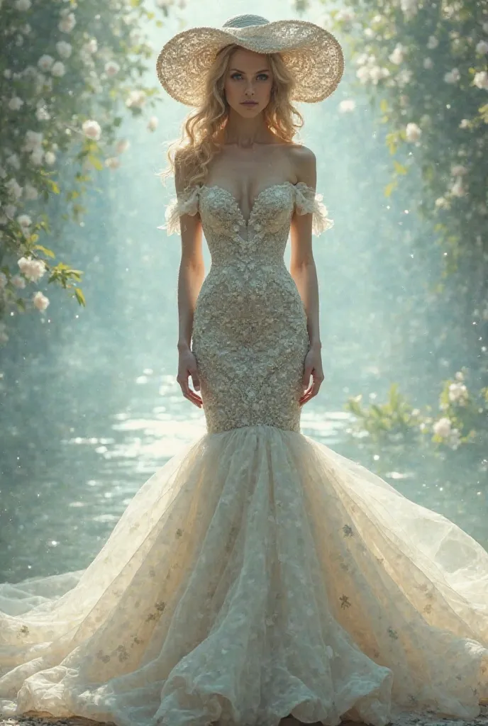 A bride with a mermaid story dress and open hair with a French hat