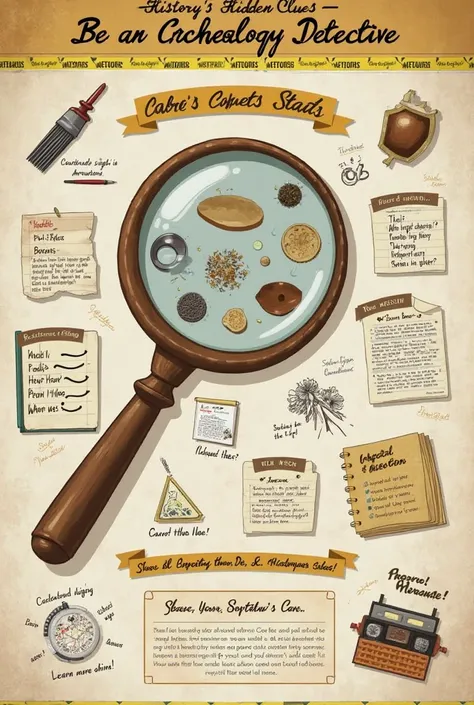 Alright, let's keep those creative juices flowing! Here's another poster idea, focusing on the "detective" aspect of archaeology:

**Poster Title: "History's Hidden Clues: Be an Archaeology Detective!"**

**Visual Layout:**

1.  **Central Focus:**
    * Th...