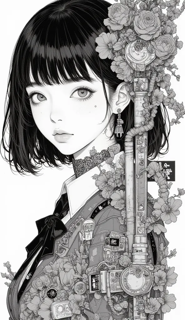 Japanese Manga Collage、Taiyo Matsumoto 、 manga frame split、 comic cover、short hair、High School Girl Magical Manga、Wizard's Uniform、black hair shortcut、full bangs、 Bold Composition 、black and white、 screen tones 、