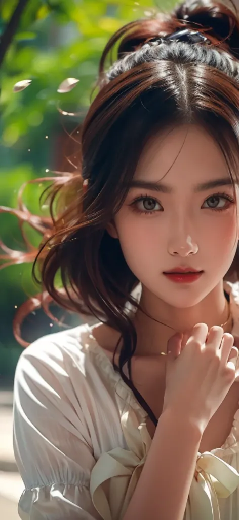  a beautiful woman blinks naturally and 、They are singing while staring at the camera with kind eyes、 lightly stroking the hair with your left hand 、 Wind Flutters 。 the protagonist is dynamically expressed 、 the movement is natural and smooth 、 ambient li...