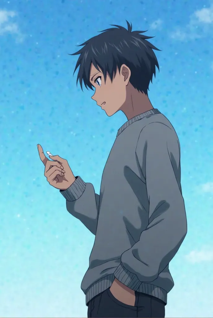  Anime style. anime guy 25 years old with black hair.  It's against the blue sky. He's holding a pill in his hand. The guy is wearing a gray sweater and black pants. he&#39;s shocked. The guy is in profile