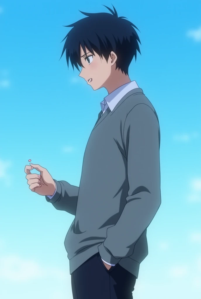  Anime style. 25 year old anime guy with black hair.  It's against the blue sky. He's holding a pill in his hand. The guy is wearing a gray sweater and black pants. he&#39;s shocked. The guy is in profile