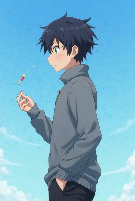  Anime style. 25 year old anime guy with black hair.  It's against the blue sky. He's holding a pill in his hand. The guy is wearing a gray sweater and black pants. he&#39;s shocked. The guy is in profile