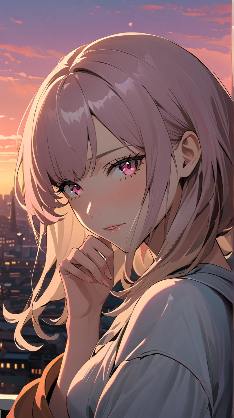 A young, fair-skinned anime girl is slightly left of center in the frame. She looks down thoughtfully, resting her chin on her hand. Her hair is long, brown, and straight, reaching down to her shoulders. Her expression is calm and contemplative. Her skin i...