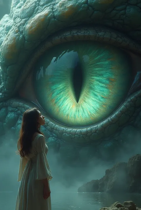 woman see herself from the giant dragon eye pupil, reflection of woman image on dragon eye pupil,