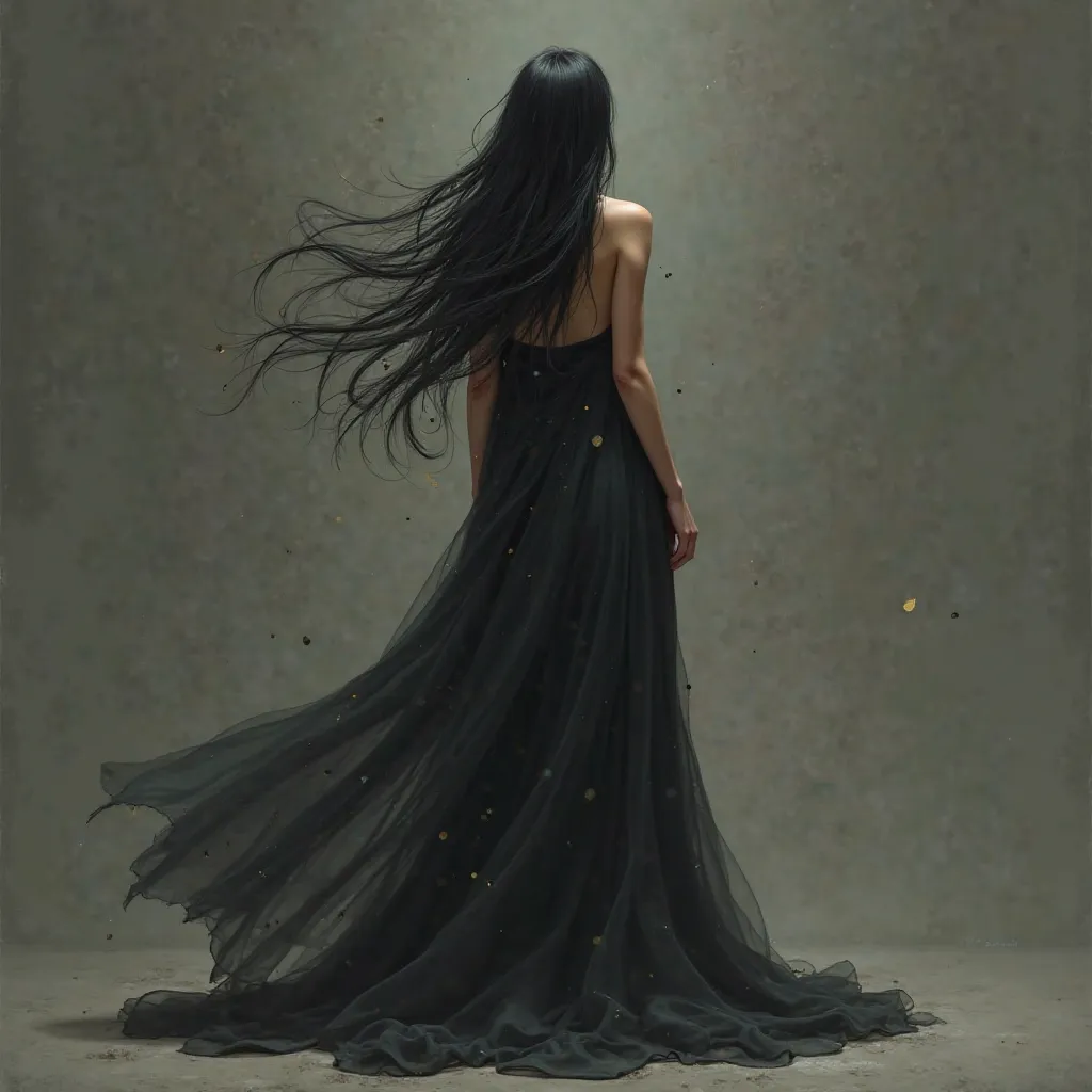 female 　from behind　whole　long black hair　 in a dress