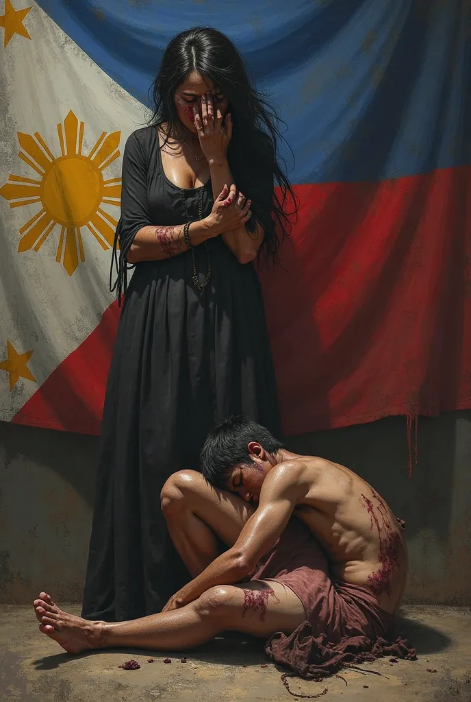 Sisa in noli me tangere 
Create a visual representation that shows sisa, basilio, and crispin hurt and sisa covered faced by a hand of someone and a background of Philippines flag