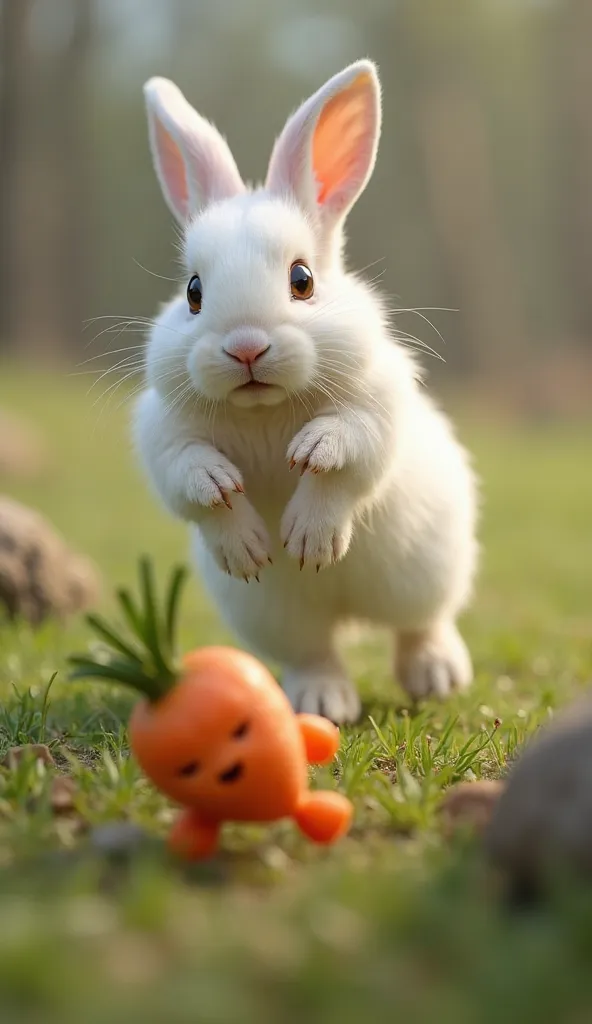 A cute, energetic rabbit with fluffy white fur and big brown eyes suddenly spots a delicious carrot on the ground. As the rabbit reaches for it, the carrot suddenly grows tiny legs and dashes away! The rabbit's eyes widen in shock before it jumps up and st...