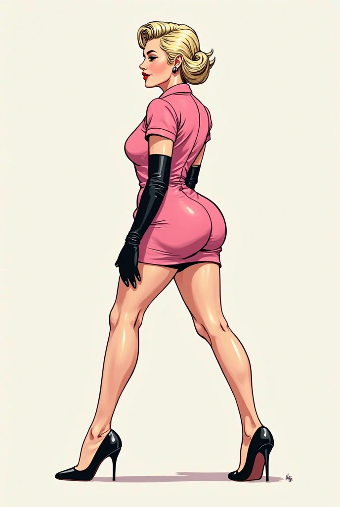 Side view of a manga-style drawing of a plump, luxurious Marilyn Monroe hair-styled woman walking in a pink short-sleeved suit and very short miniskirt, wearing black high heels and long gloves that reach down to her shoulders.