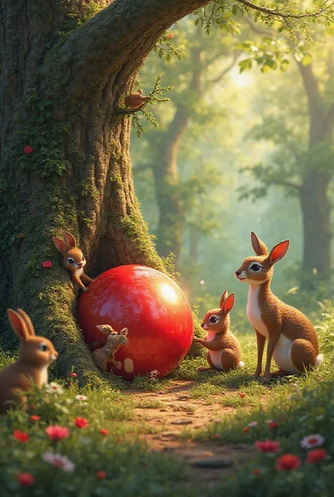 Rabbit, deer and squirrels standing near a tree with a. Red shiny ball  in a sunny forest 