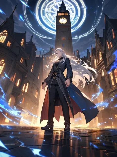 A wizard man standing on top of the blue glowing magic circle　fantasy　long hair　handsome　 Silver Hair　Square with a view of the clock tower　night　