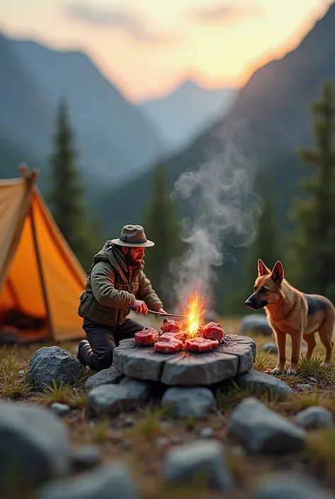 A highly detailed miniature camper in a rugged mountain landscape, preparing his freshly hunted deer over a rustic stone grill. The tiny camper, dressed in outdoor gear, skillfully cuts the meat into perfect grilling portions, his small knife glinting unde...