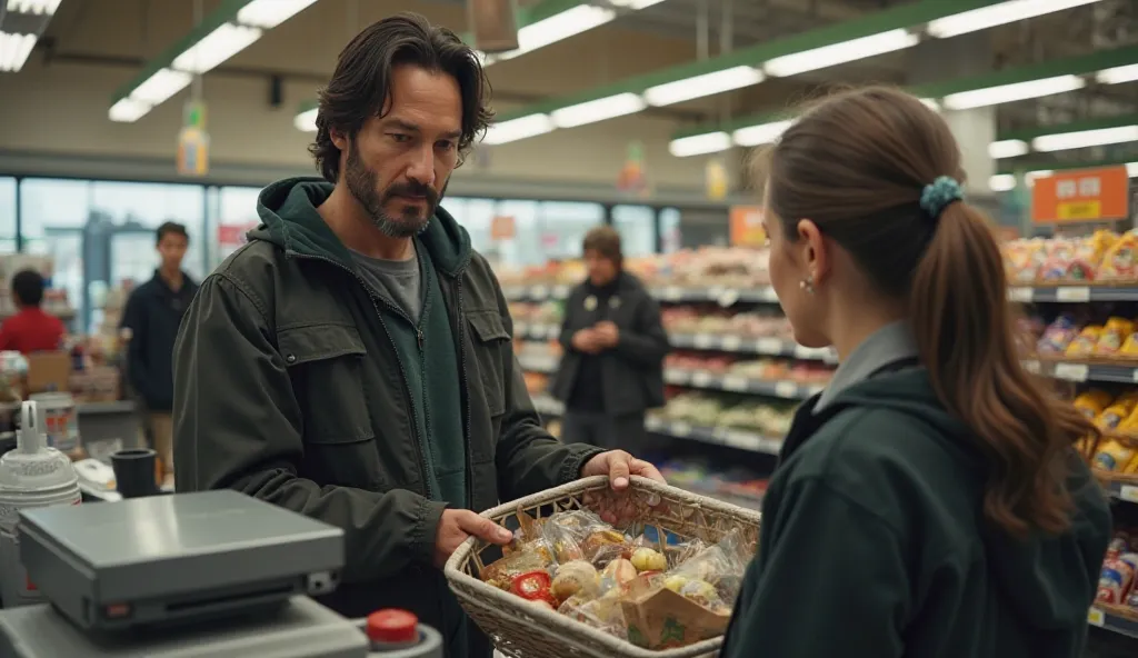 Keanu Reeves leans slightly toward the young cashier at the grocery store counter, speaking in a low but meaningful tone. The cashier, red-faced and humbled, looks down in guilt. The elderly woman, now standing aside with her groceries, watches with a grat...