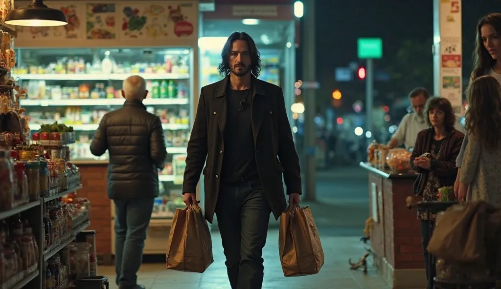 Keanu Reeves exits the grocery store, walking into the night, carrying his groceries with a calm expression. Inside the store, the elderly woman watches him leave with admiration. The young cashier remains at the counter, looking thoughtful, as another cus...