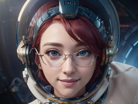 (close-up, face:1.1). Short, (red hair, green eyes:1.2), (diopter glasses with metal frames:1.2), (Space helmet:1.6), ( smile:1.3) Cortana  ( focused on the background of space:1.6). ( Masterpiece , top quality shirt, Best quality, official art,  beautiful...