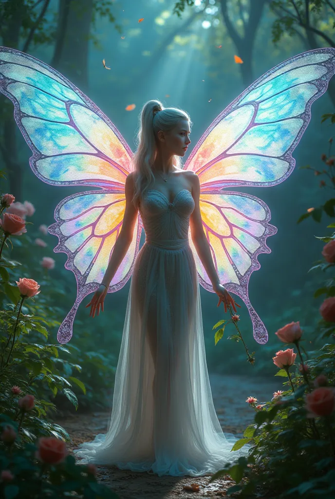 a futuristic lady butterfly goddess her wings is with electric colors spread wide holding a rose in a fantasy garden 