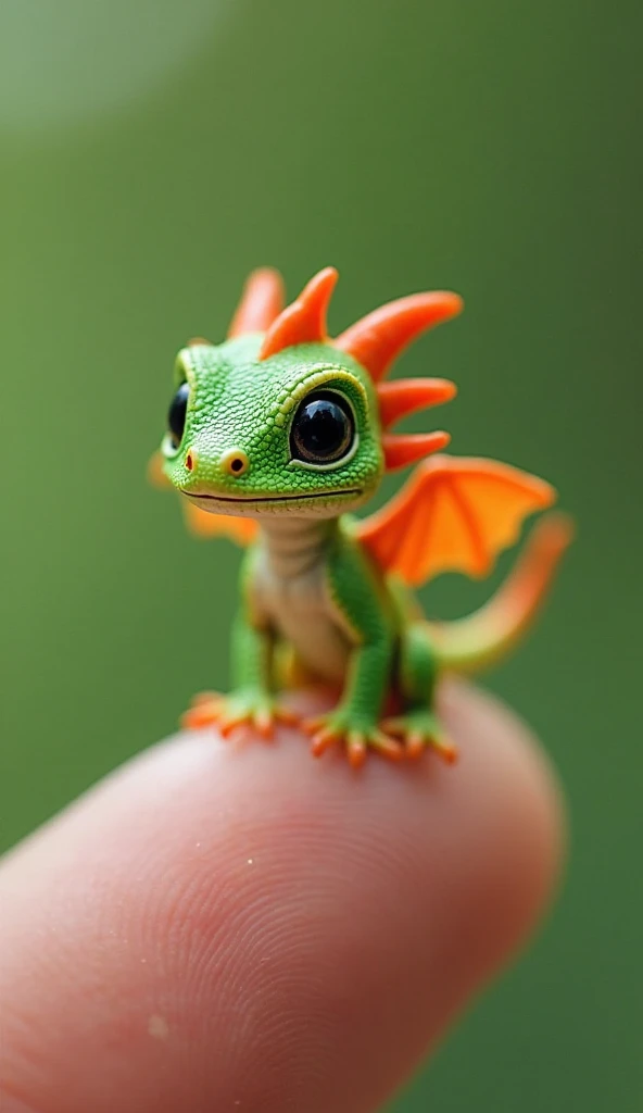 A tiny, stylized dragon-like lizard, vibrant green with orange spikes and wings, sits perched on a human fingertip.  The lizard is small, with detailed, textured scales.  Its eyes are large and dark, giving it a curious expression.  The creature has orange...