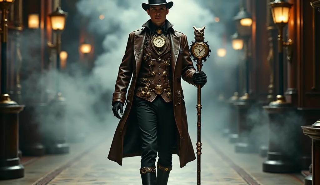 (best quality, 128k,highres,masterpiece:1.2),ultra-detailed,(realistic,photorealistic,photo-realistic:1.37), ((masterpiece)) ((photography)) ((Highest quality)) A male model walks down a grand, fog-filled runway, dressed in an extravagant steampunk-inspire...