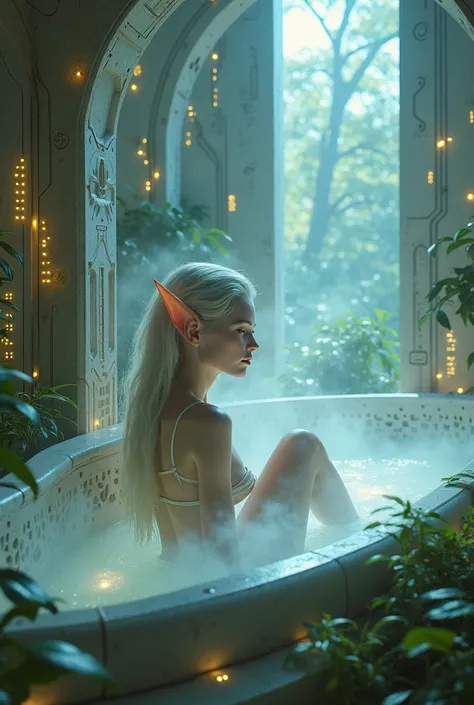 elf girl taking a bath in the cyberpunk world at home