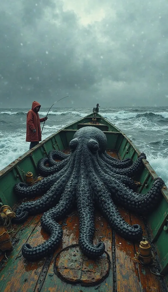 "A hyper-realistic giant black octopus with, long, wet skin, wavy tentacles scattered across a worn-out fishing boat. The boat has a rusty metal grill, a wooden deck painted green, and scattered fishing gear. In the background, a stormy ocean with waves an...