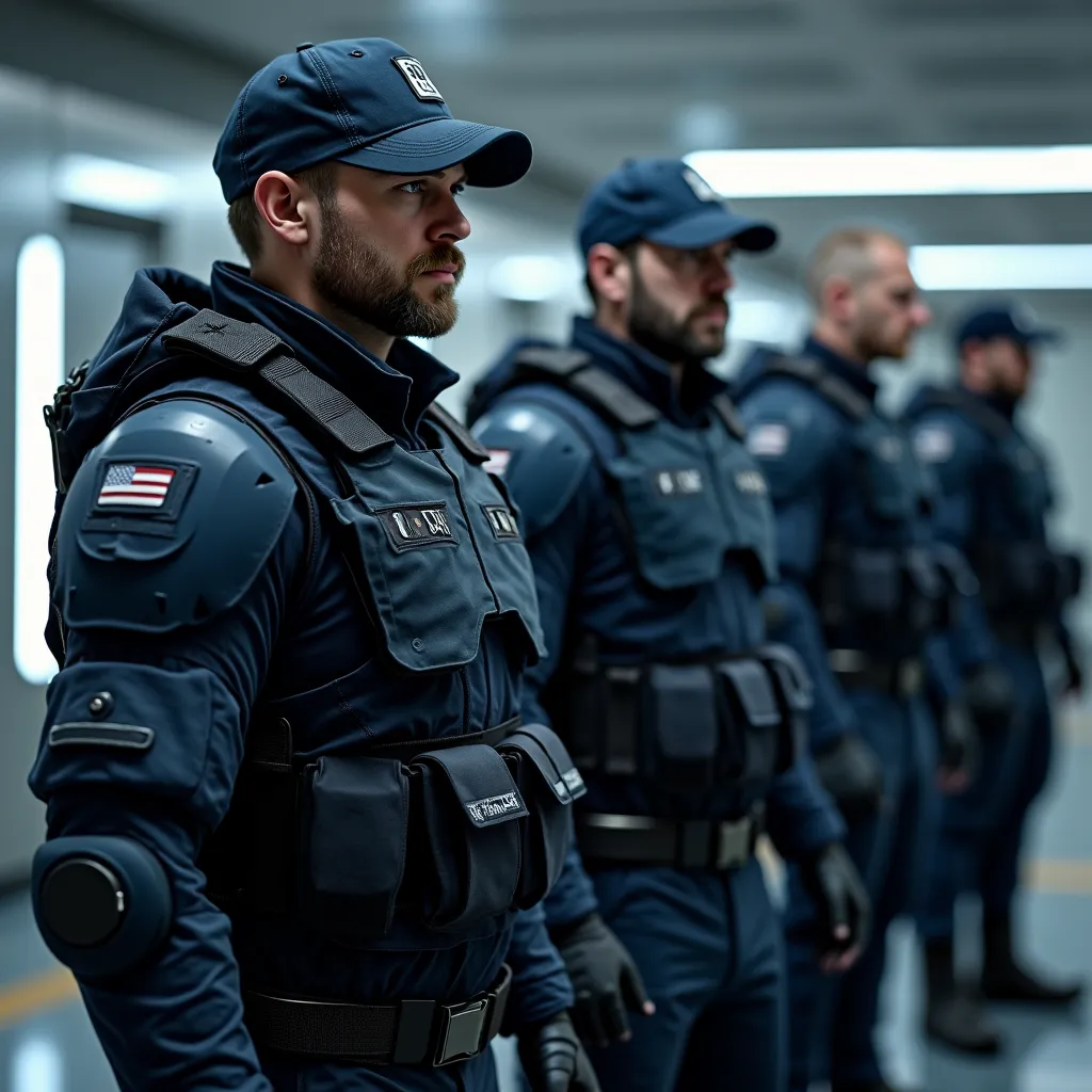 Futuristic senior officers in dark blue ballistic armor and exoskeleton along the spine and so on down to the feet (with light scuffs and scratches), cap with an unobtrusive military logo,  short beard and mustache ,  determined look , Conceptual Style (co...